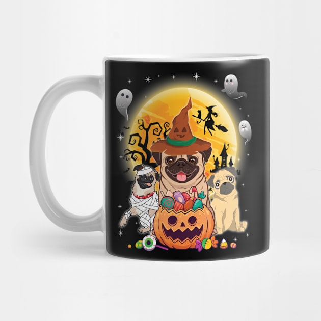 Pug Dog Mummy Witch Moon Ghosts Happy Halloween Thanksgiving Merry Christmas Day by joandraelliot